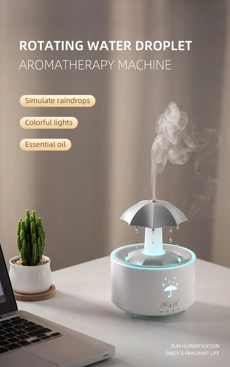 Remote Control Rotating Umbrella Waterdrop Aromatherapy Machine Ultrasonic Air Humidifier with LED Light for Home Aroma Diffuser