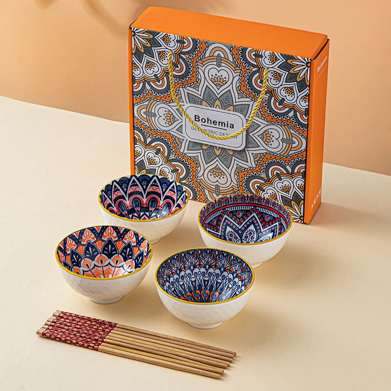 Bohemian Ceramic Tableware Household Gift Blue and White Porcelain Chopsticks Bowl Set Gift Box Packing