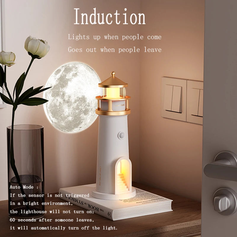 Moon Projection Light Lighthouse Motion Sensor Nightlights Remote Control Fake Candle Lamp Room Decoration Entryway Decor Lights