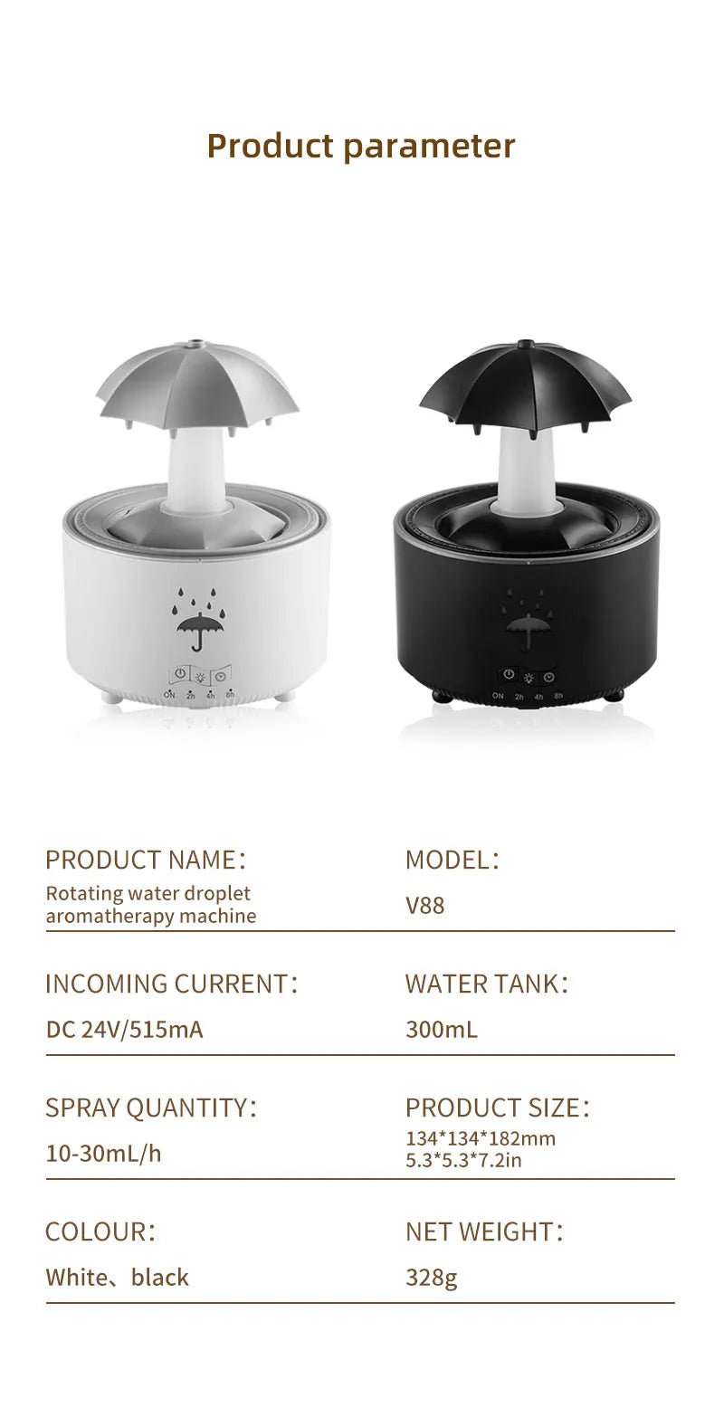 Remote Control Rotating Umbrella Waterdrop Aromatherapy Machine Ultrasonic Air Humidifier with LED Light for Home Aroma Diffuser