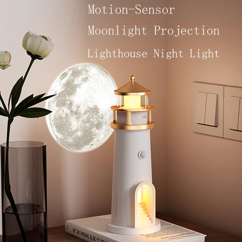 Moon Projection Light Lighthouse Motion Sensor Nightlights Remote Control Fake Candle Lamp Room Decoration Entryway Decor Lights