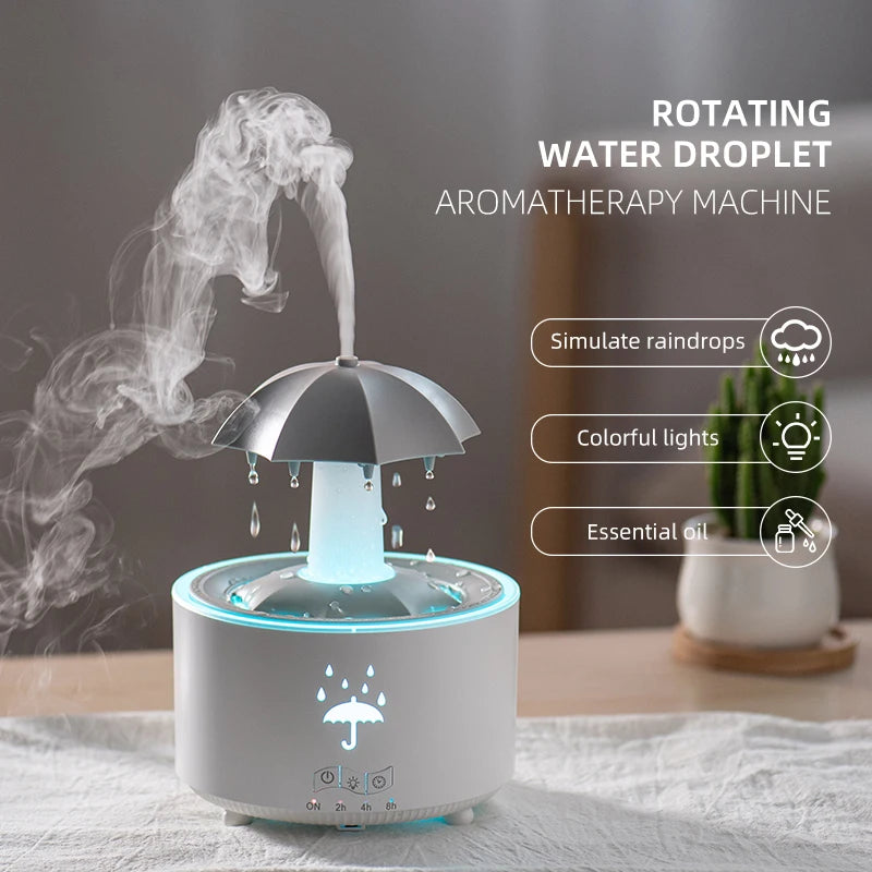 Remote Control Rotating Umbrella Waterdrop Aromatherapy Machine Ultrasonic Air Humidifier with LED Light for Home Aroma Diffuser