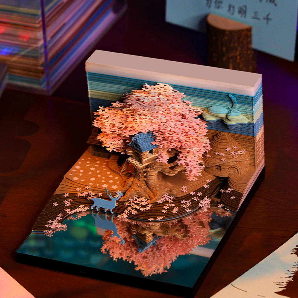 3D Creative Art Birthday Valentine's Day Cherry Blossom Tree House Sticky Notes Calendar School Stationery and Office Supplies