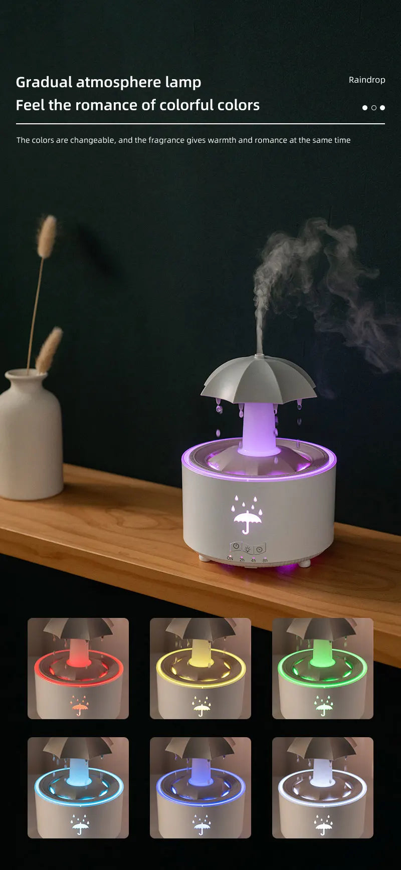 Remote Control Rotating Umbrella Waterdrop Aromatherapy Machine Ultrasonic Air Humidifier with LED Light for Home Aroma Diffuser