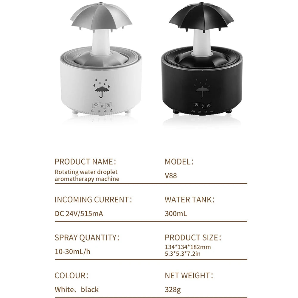 Remote Control Rotating Umbrella Waterdrop Aromatherapy Machine Ultrasonic Air Humidifier with LED Light for Home Aroma Diffuser